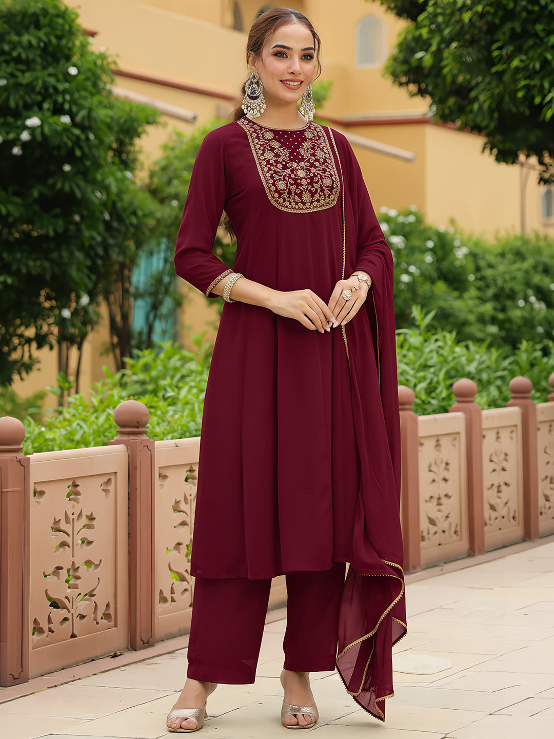 Janasya Women's Maroon Georgette Zari Yoke Embroidered Anarkali Kurta With Palazzo & Dupatta Set