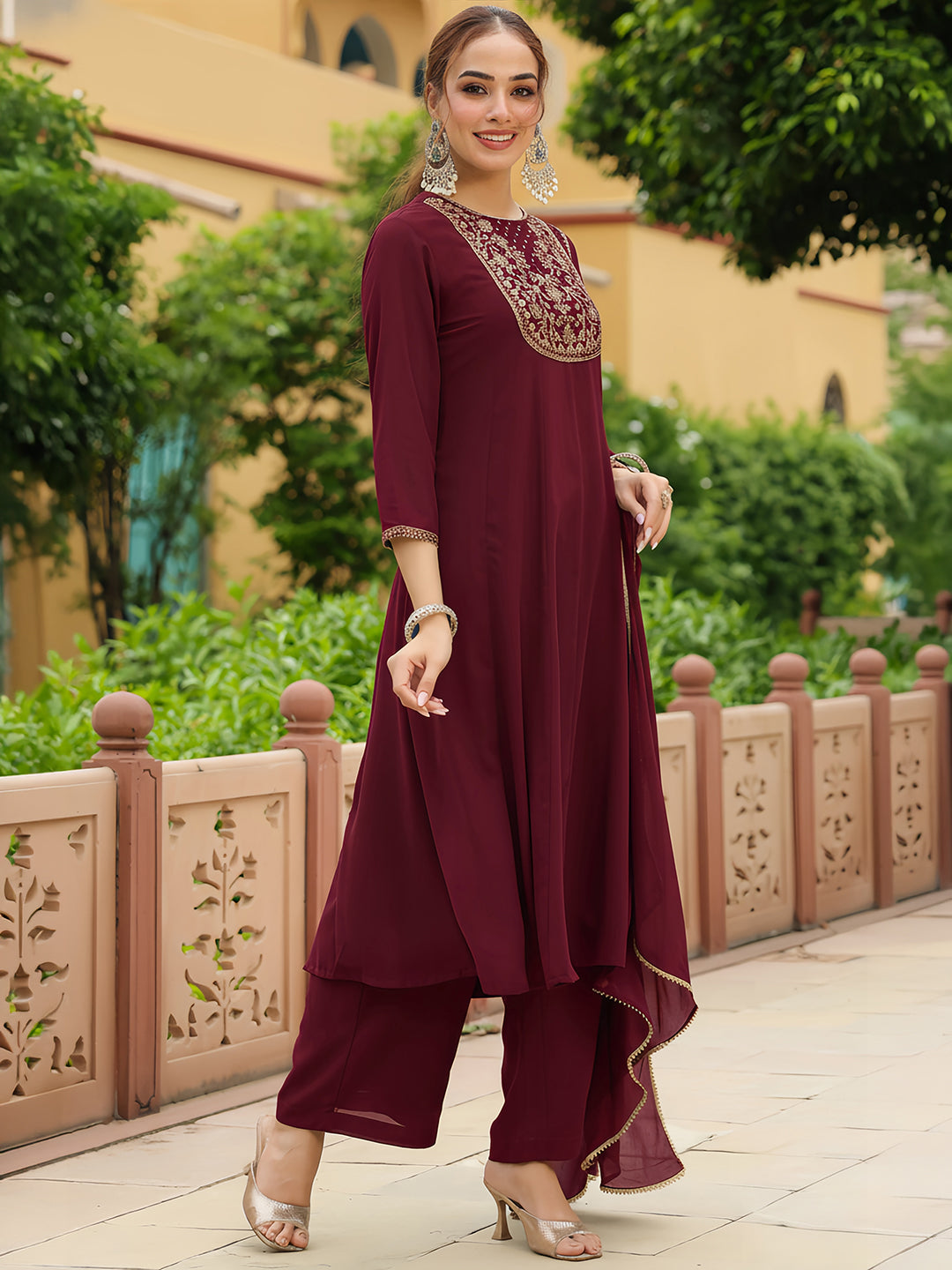 Janasya Women's Maroon Georgette Zari Yoke Embroidered Anarkali Kurta With Palazzo & Dupatta Set