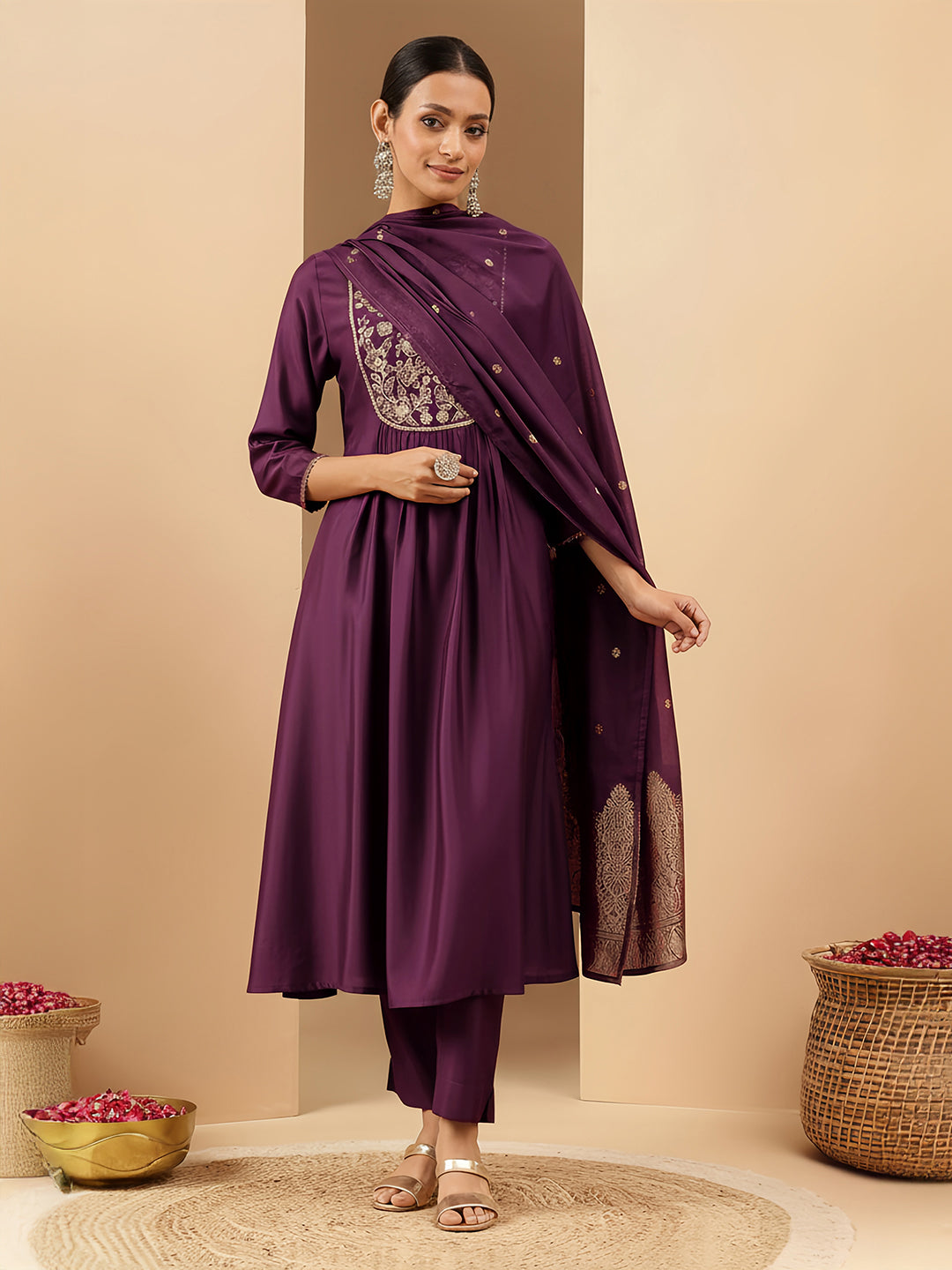 Janasya Women's Wine Chanderi Silk Zari Yoke Embroidered A-line Kurta Set