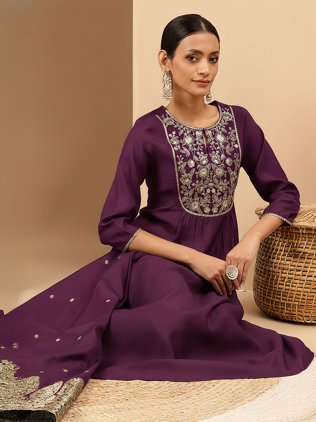 Janasya Women's Wine Chanderi Silk Zari Yoke Embroidered A-line Kurta Set