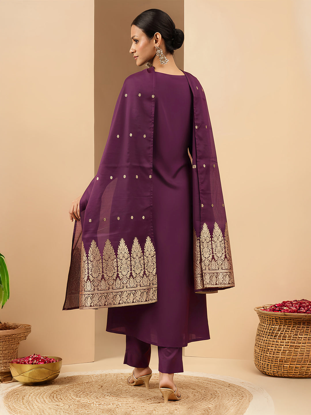 Janasya Women's Wine Chanderi Silk Zari Yoke Embroidered A-line Kurta Set