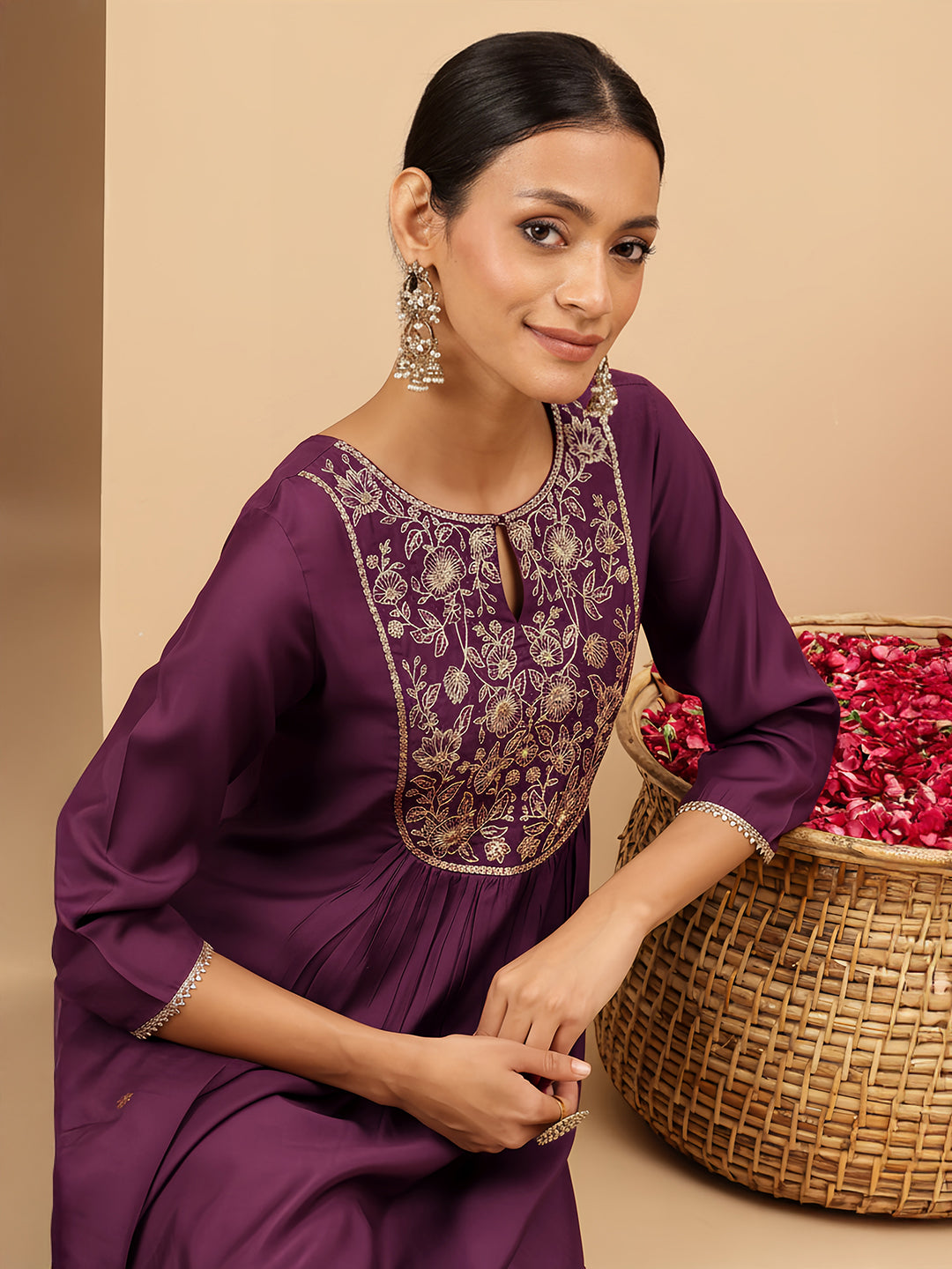 Janasya Women's Wine Chanderi Silk Zari Yoke Embroidered A-line Kurta Set