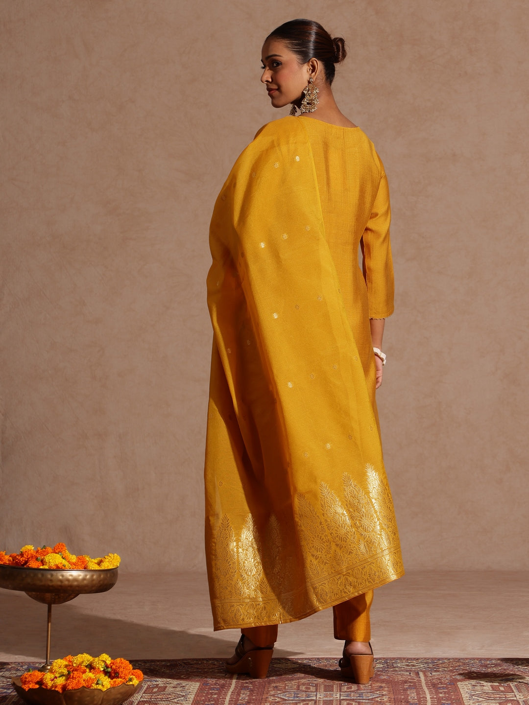 Janasya Women's Mustard Silk Blend Zari Yoke Embroidered Straight Kurta Set