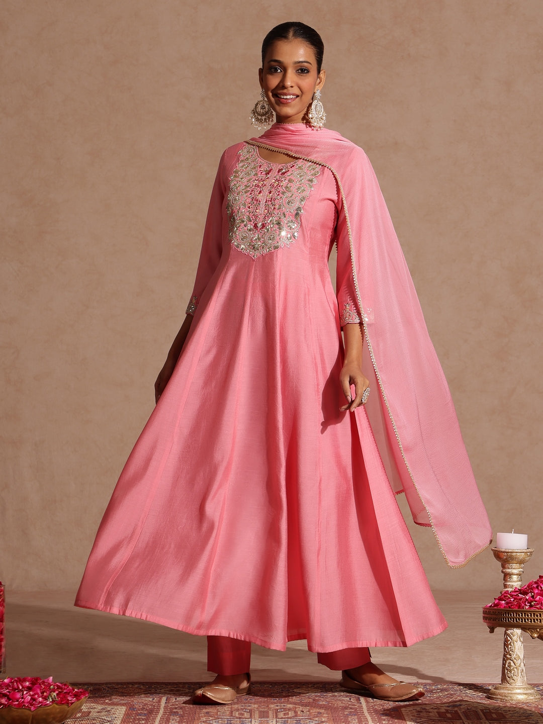 Janasya Women's Light Pink Chanderi Silk Zari Yoke Embroidered Anarkali Kurta Set