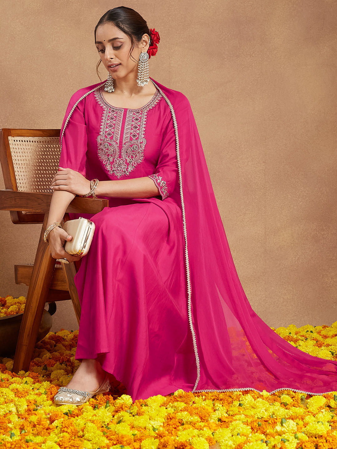 Janasya Women's Pink Chanderi Silk Yoke Embroidered Anarkali Kurta Set