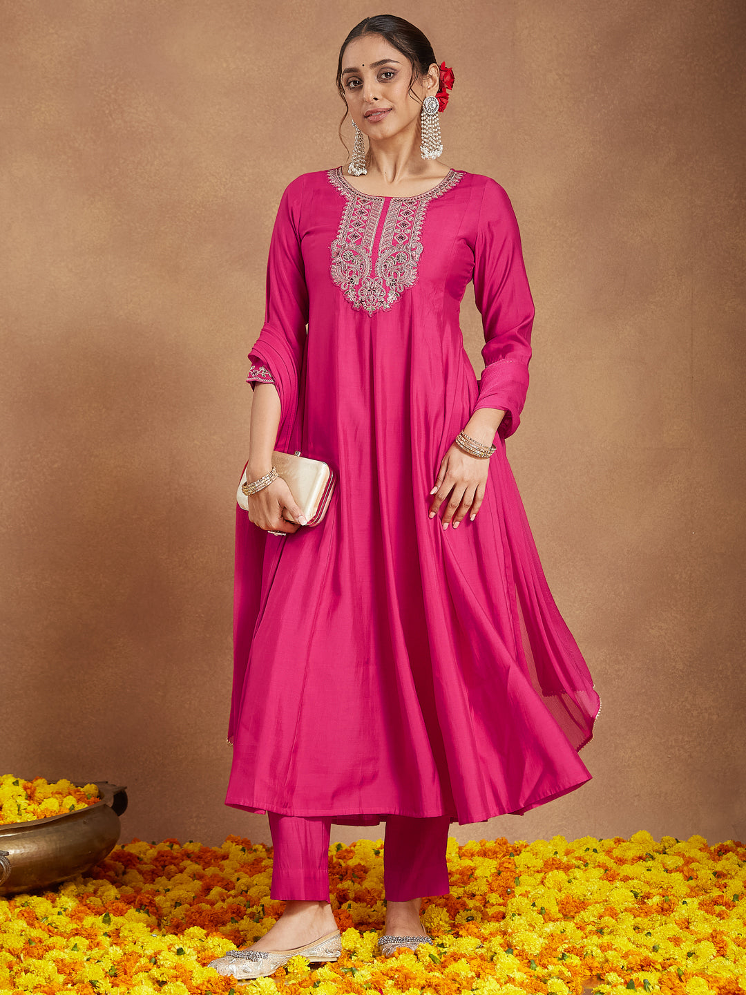 Janasya Women's Pink Chanderi Silk Yoke Embroidered Anarkali Kurta Set