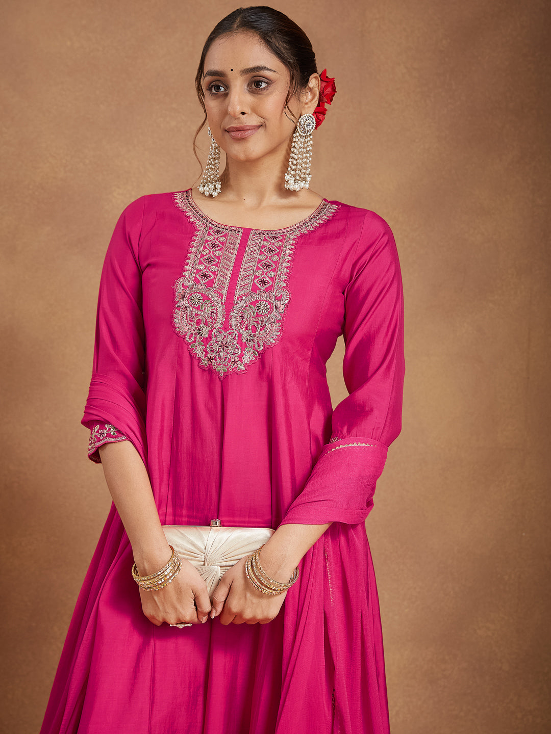 Janasya Women's Pink Chanderi Silk Yoke Embroidered Anarkali Kurta Set