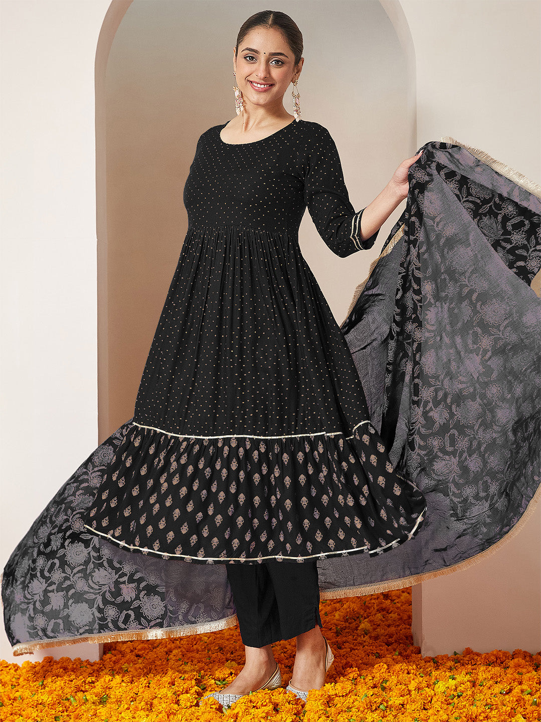 Janasya Women's Black Rayon Gold Printed Anarkali Kurta Set