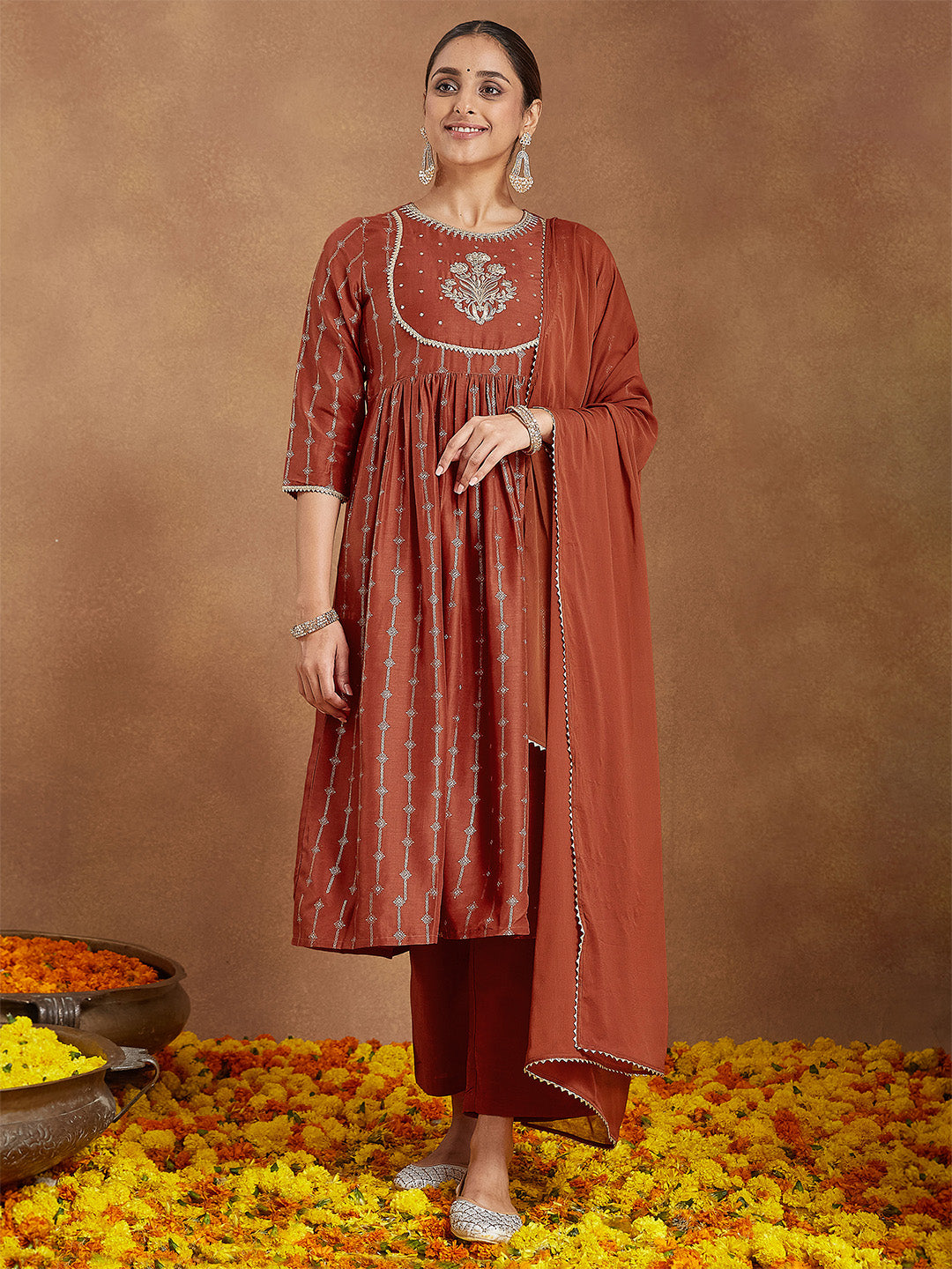 Janasya Women's Rust Silk Blend Yoke Embroidered Gold Printed A-line Kurta Set With Dupatta