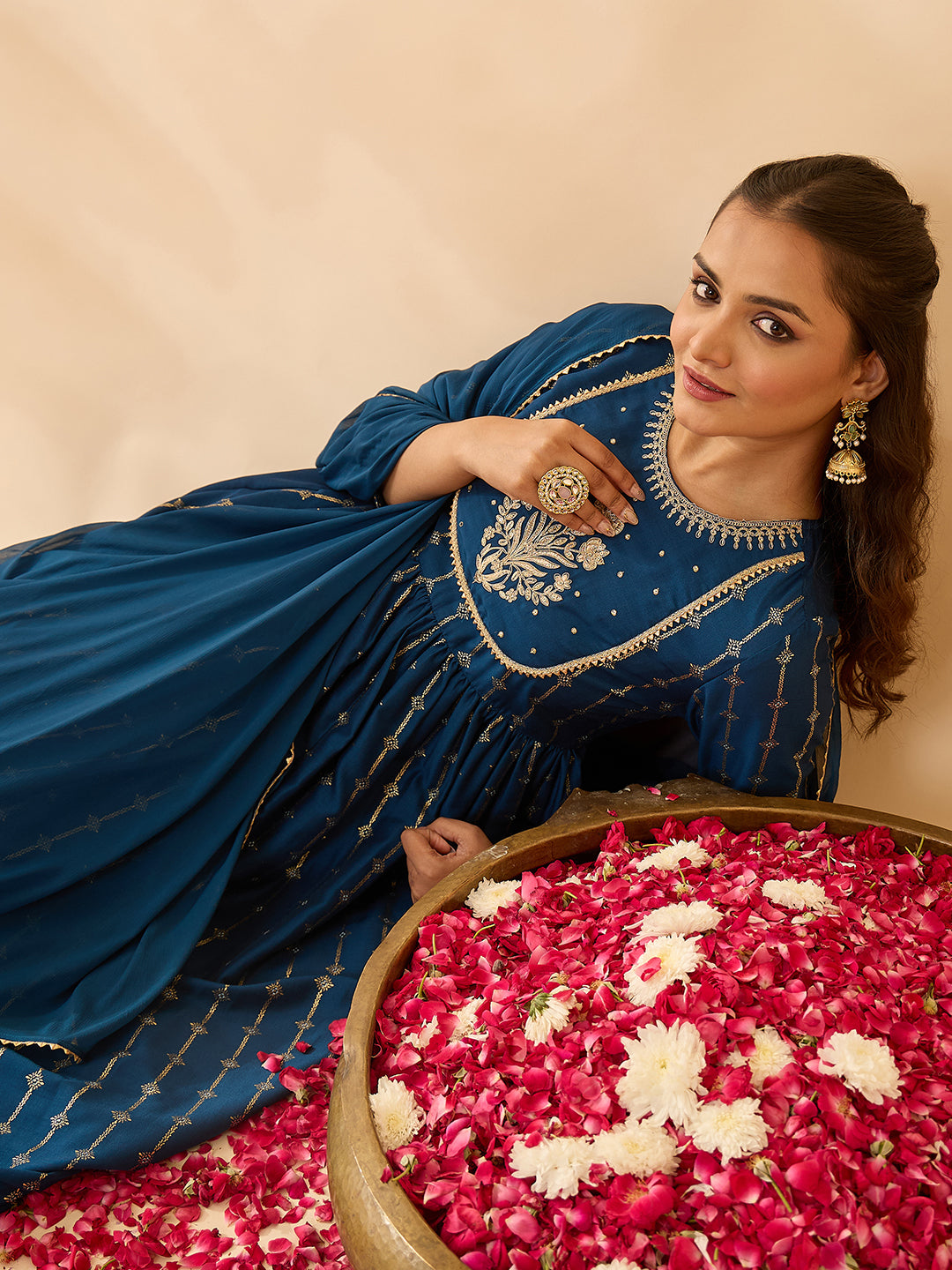 Janasya Women's Teal Blue Silk Blend Yoke Embroidered Gold Printed A-Line Kurta Set with Dupatta