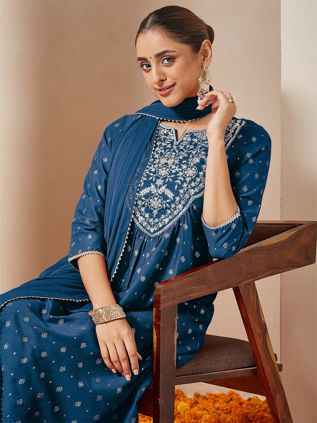 Janasya Women's Teal Blue Silk Blend Yoke Embroidered Gold Printed A-line Kurta Set With Dupatta