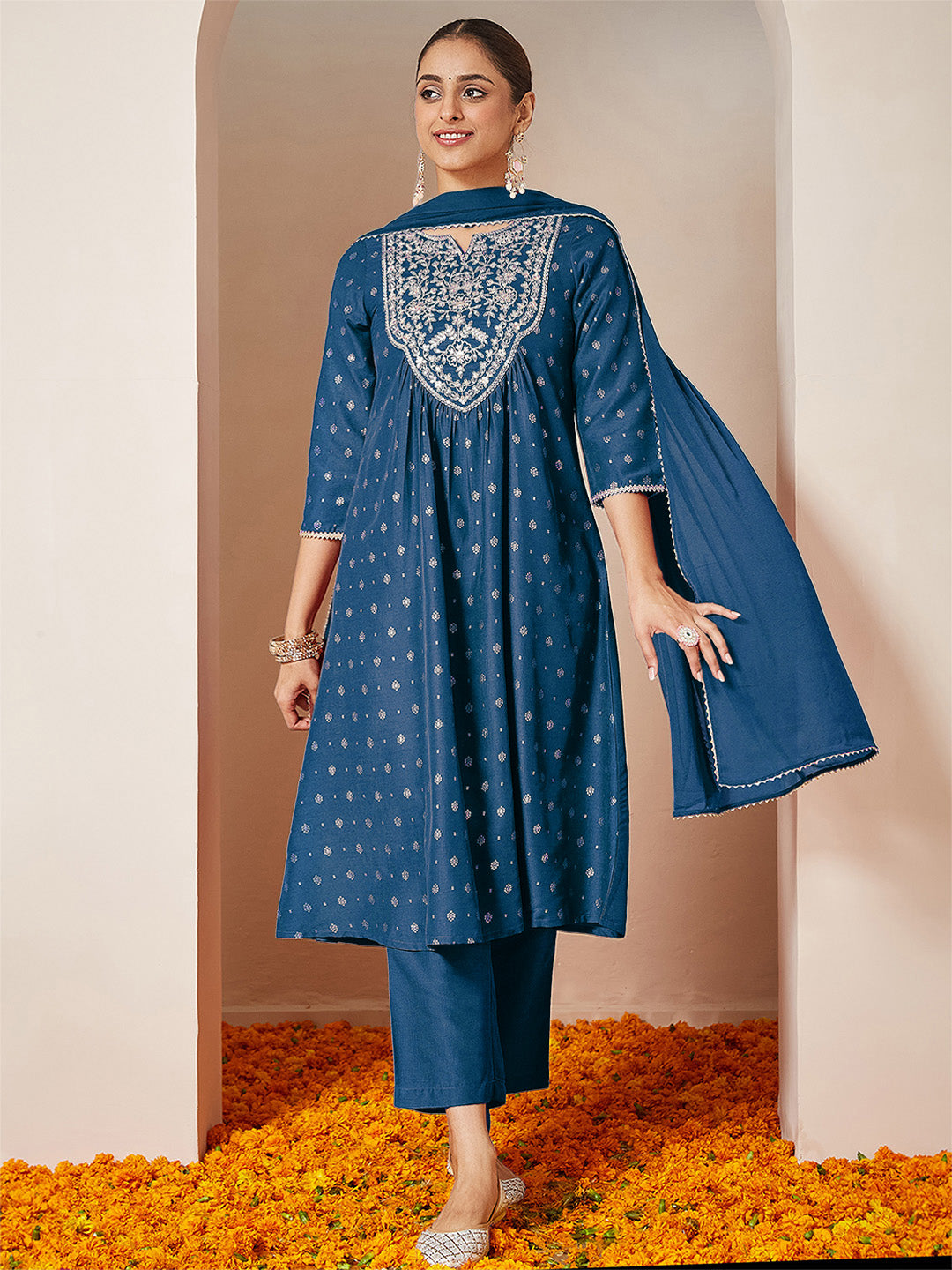 Janasya Women's Teal Blue Silk Blend Yoke Embroidered Gold Printed A-line Kurta Set With Dupatta