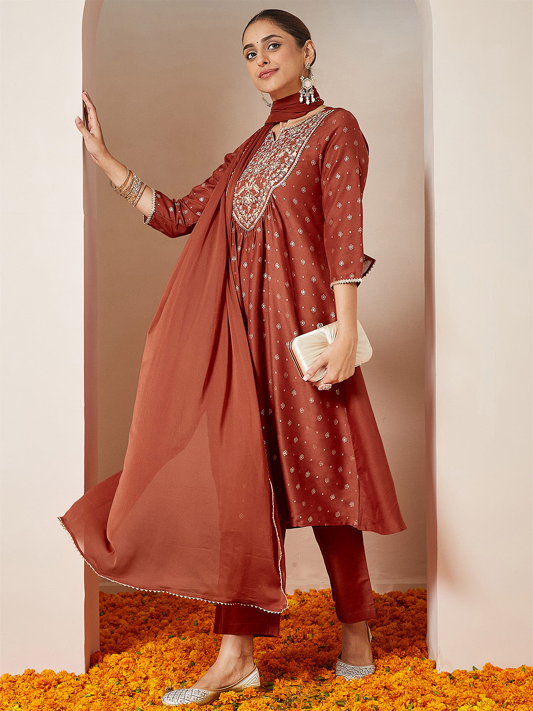 Janasya Women's Rust Silk Blend Zari Yoke Embroidered Gold Printed A-line Kurta Set With Dupatta