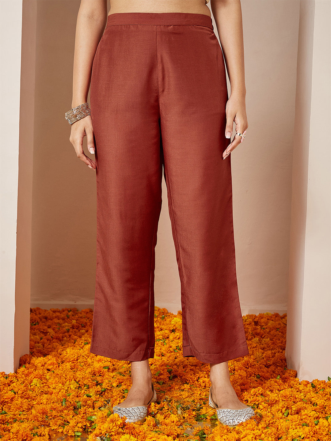 Janasya Women's Rust Silk Blend Zari Yoke Embroidered Gold Printed A-line Kurta Set With Dupatta