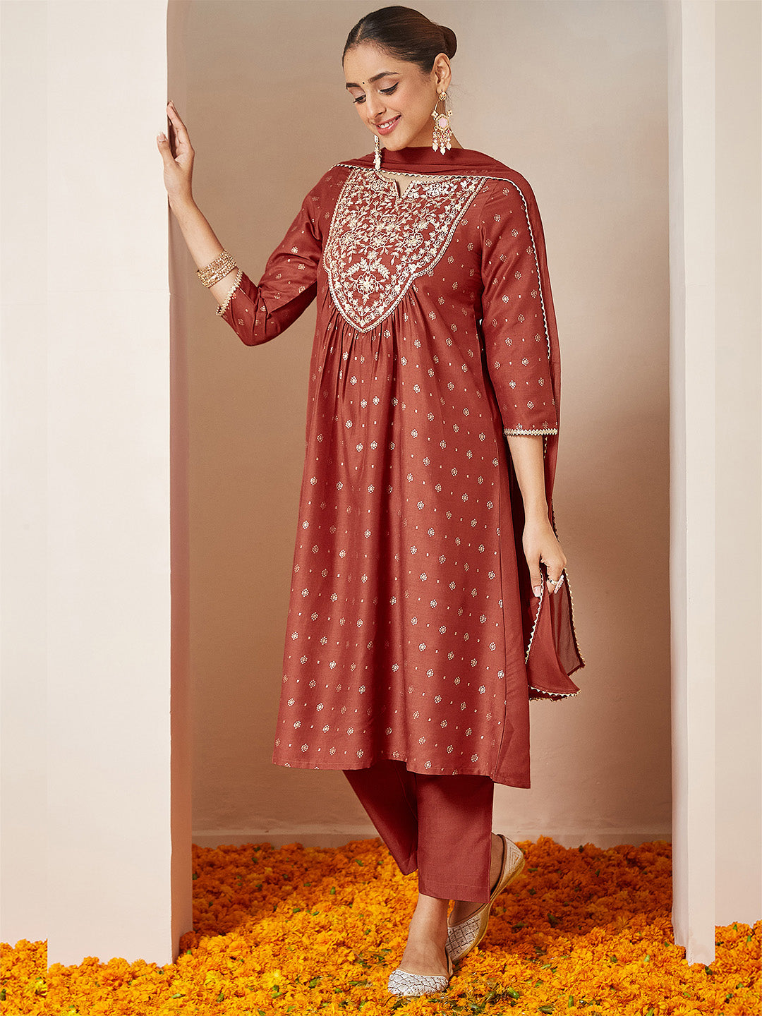 Janasya Women's Rust Silk Blend Zari Yoke Embroidered Gold Printed A-line Kurta Set With Dupatta