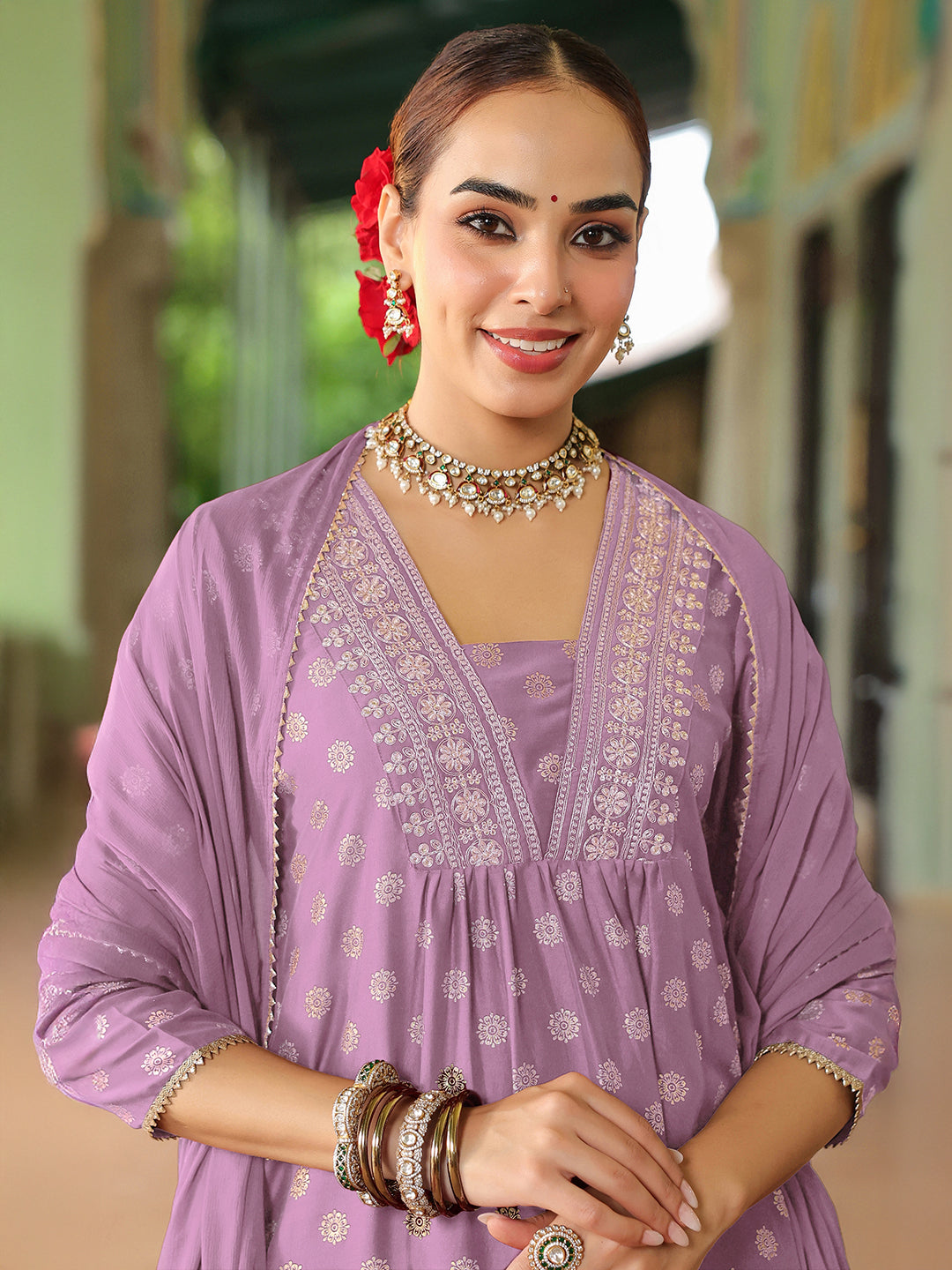 Janasya Women's Lavender Silk Blend Embellished Gold Printed A-line Kurta Set With Dupatta