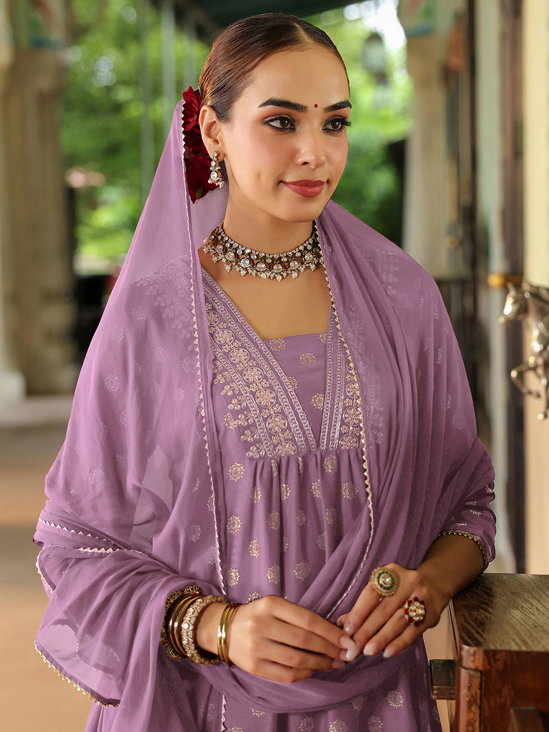 Janasya Women's Lavender Silk Blend Embellished Gold Printed A-line Kurta Set With Dupatta