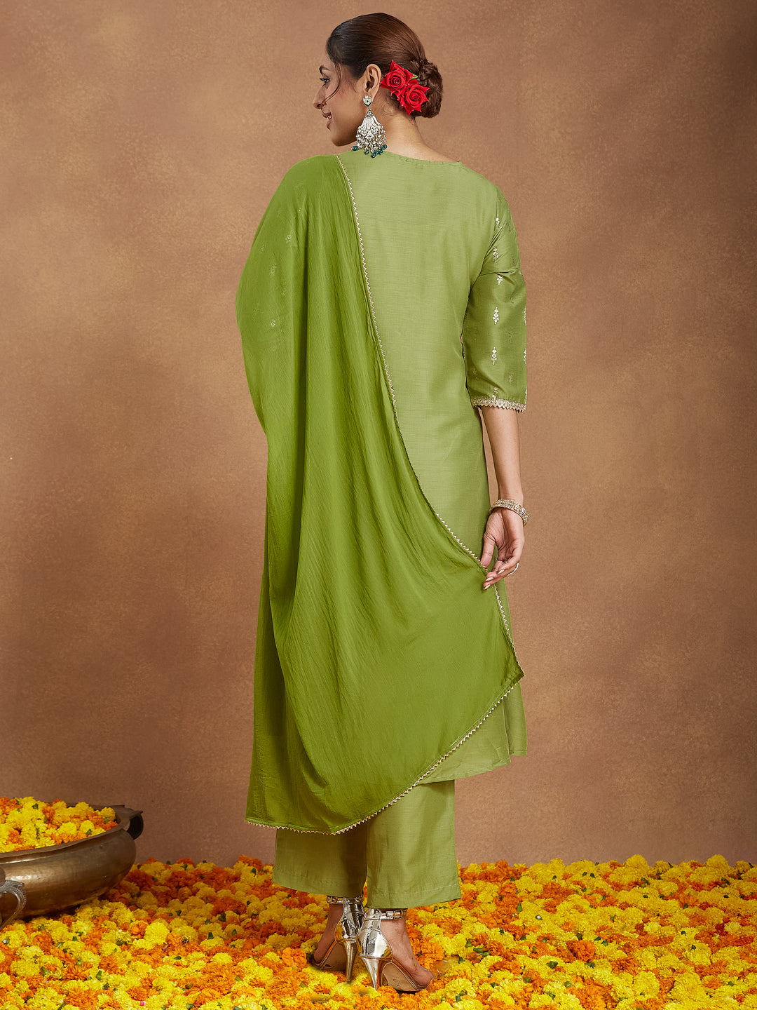 Janasya Women's Lime Green Silk Blend Zari Yoke Embroidered Gold Printed A-line Kurta Set