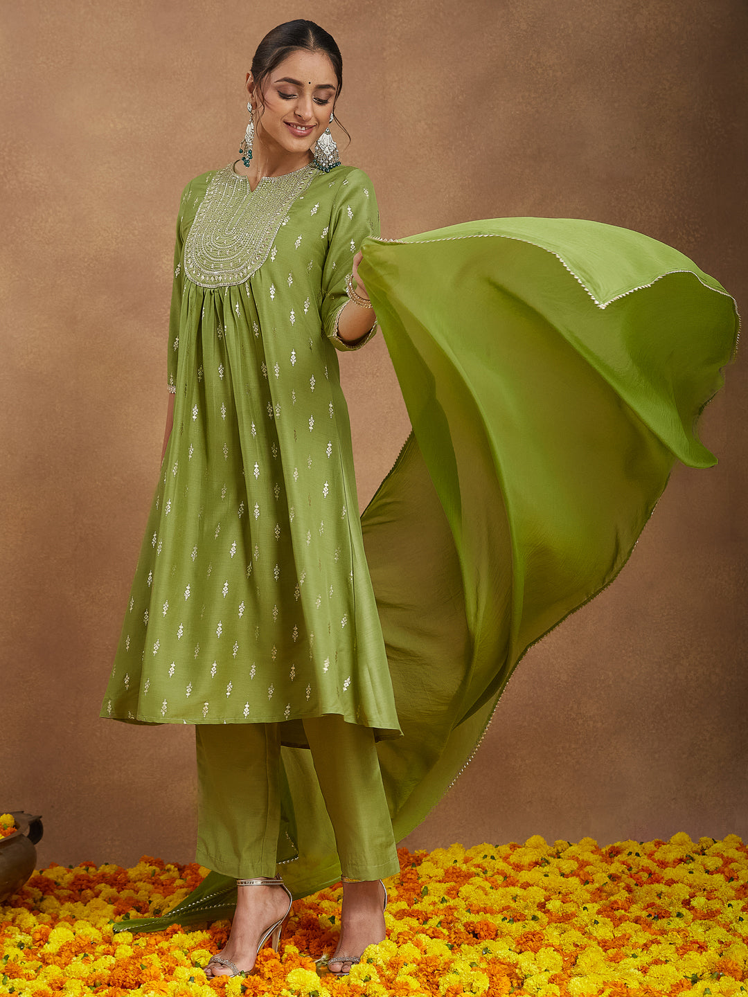 Janasya Women's Lime Green Silk Blend Zari Yoke Embroidered Gold Printed A-line Kurta Set