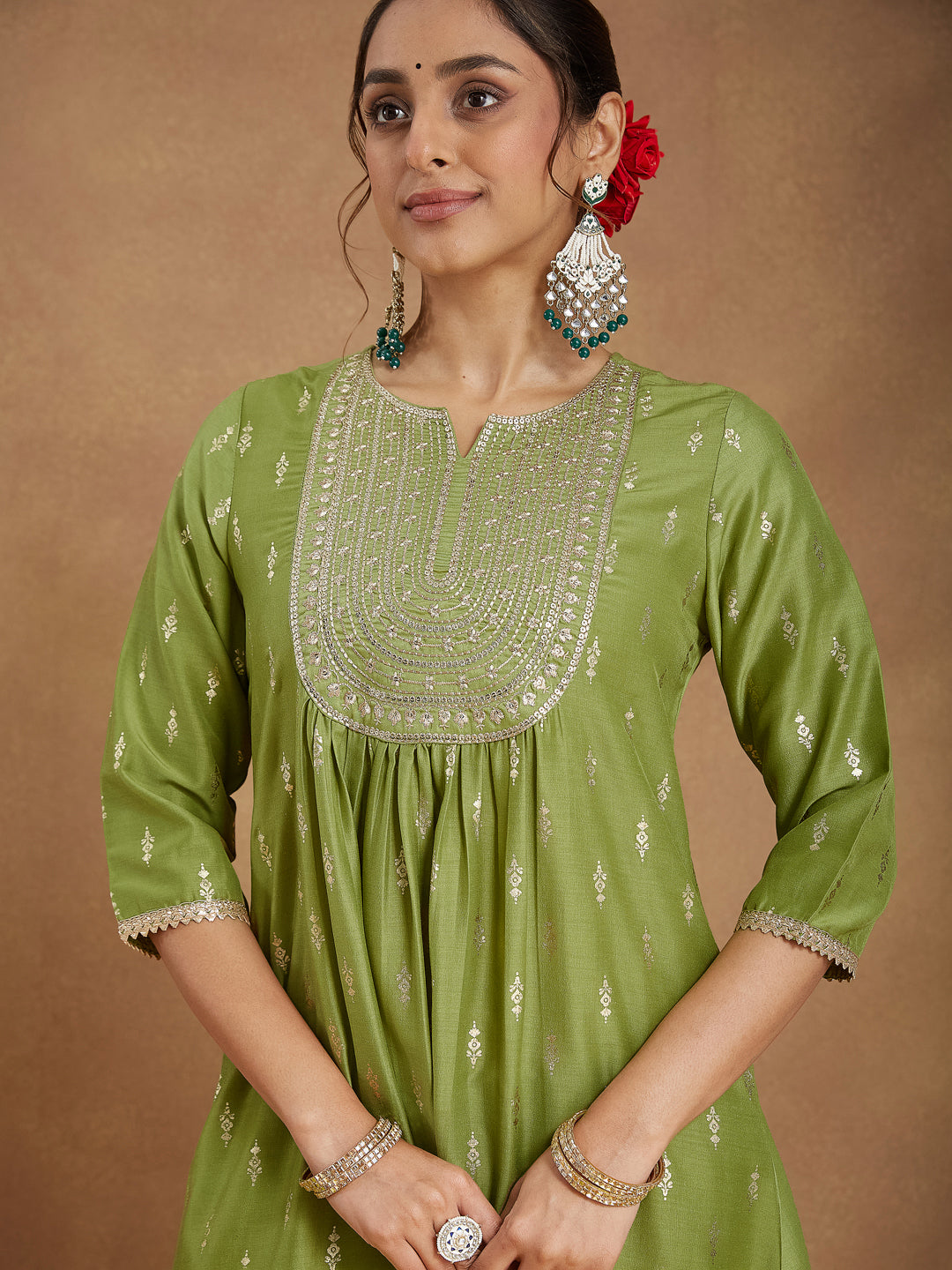 Janasya Women's Lime Green Silk Blend Zari Yoke Embroidered Gold Printed A-line Kurta Set