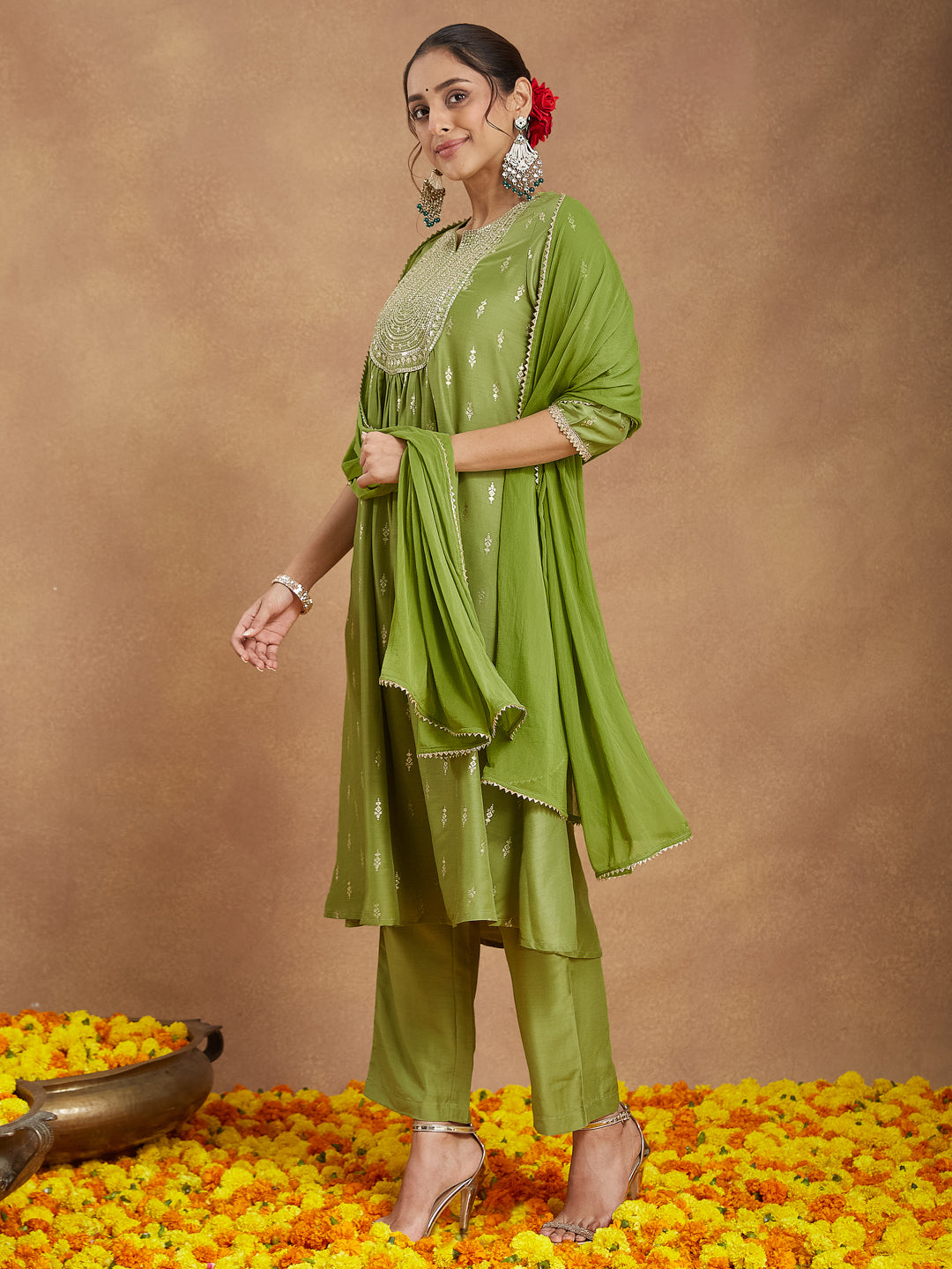 Janasya Women's Lime Green Silk Blend Zari Yoke Embroidered Gold Printed A-line Kurta Set