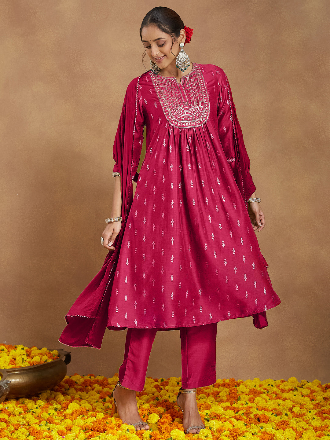 Janasya Women's Pink Silk Blend Zari Yoke Embroidered Gold Printed A-line Kurta Set With Dupatta