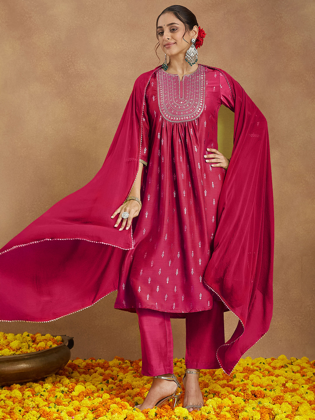 Janasya Women's Pink Silk Blend Zari Yoke Embroidered Gold Printed A-line Kurta Set With Dupatta