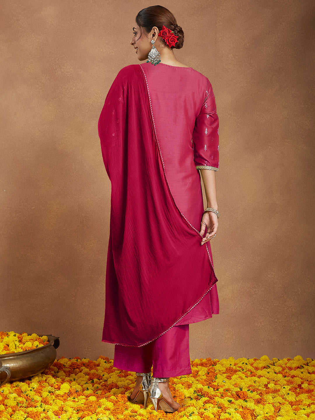 Janasya Women's Pink Silk Blend Zari Yoke Embroidered Gold Printed A-line Kurta Set With Dupatta
