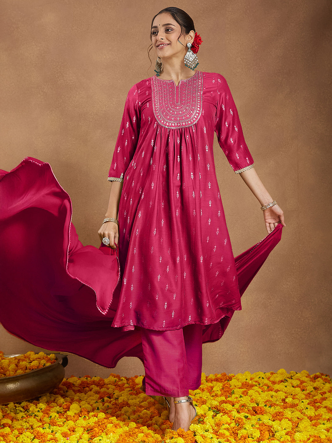 Janasya Women's Pink Silk Blend Zari Yoke Embroidered Gold Printed A-line Kurta Set With Dupatta