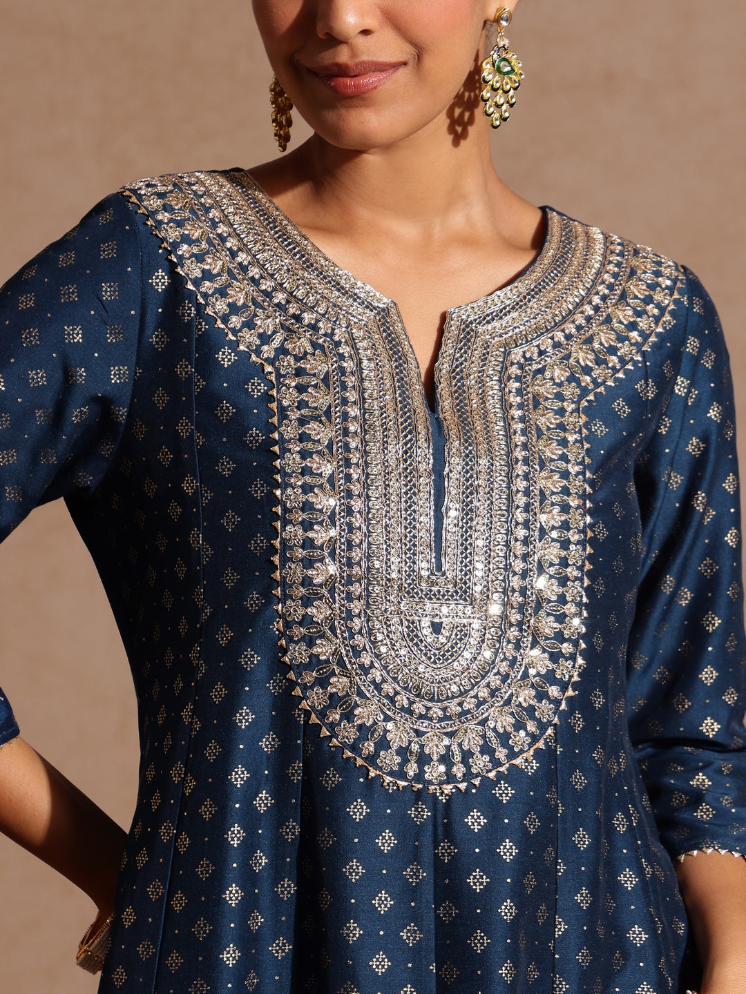 Janasya Women's Teal Blue Silk Blend Zari Embroidered Gold Printed Anarkali Kurta Set