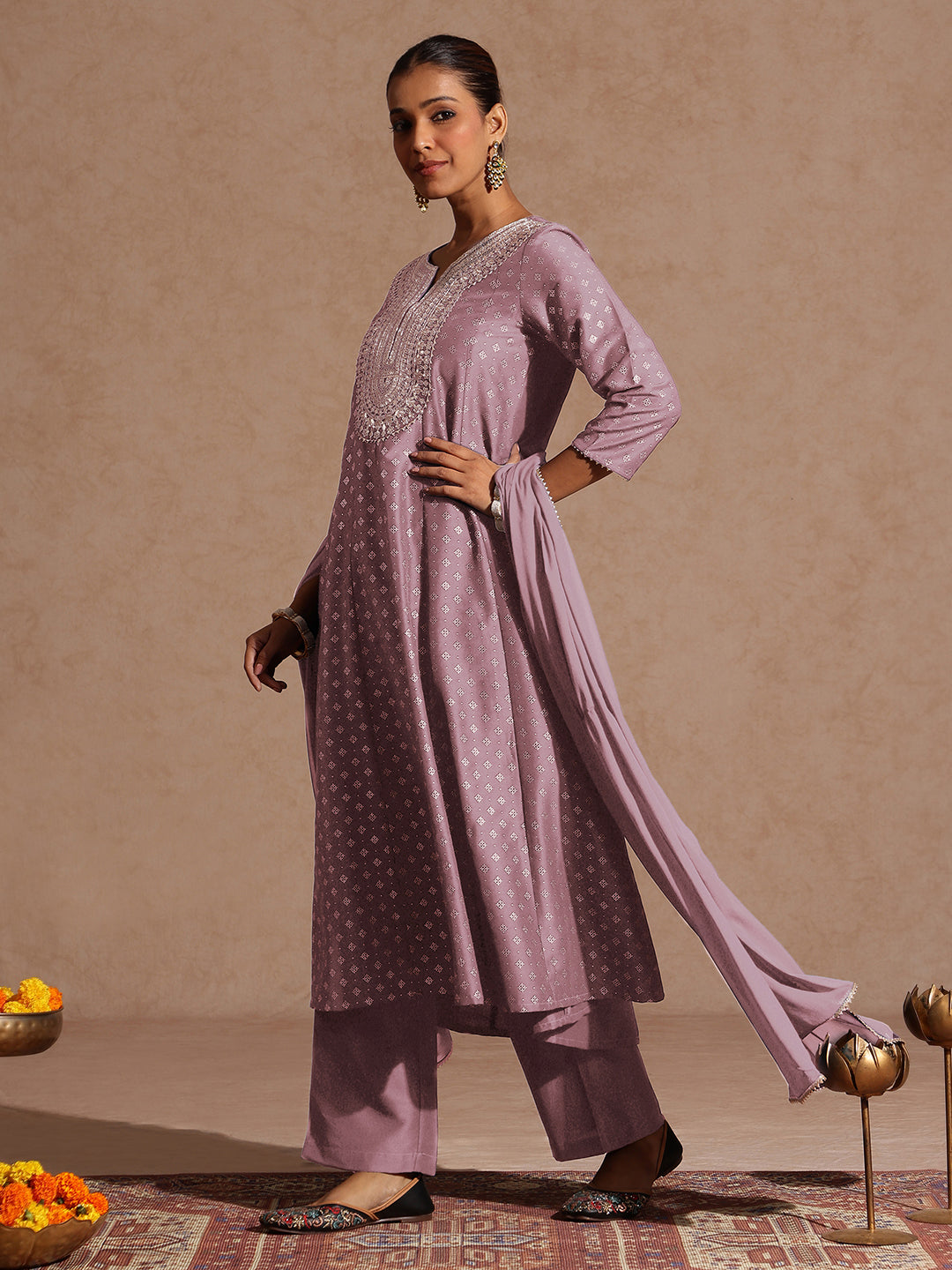 Janasya Women's Lavender Silk Blend Zari Embroidered Gold Printed Anarkali Kurta Set