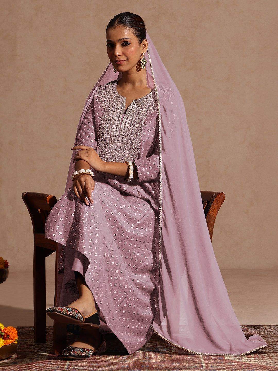 Janasya Women's Lavender Silk Blend Zari Embroidered Gold Printed Anarkali Kurta Set