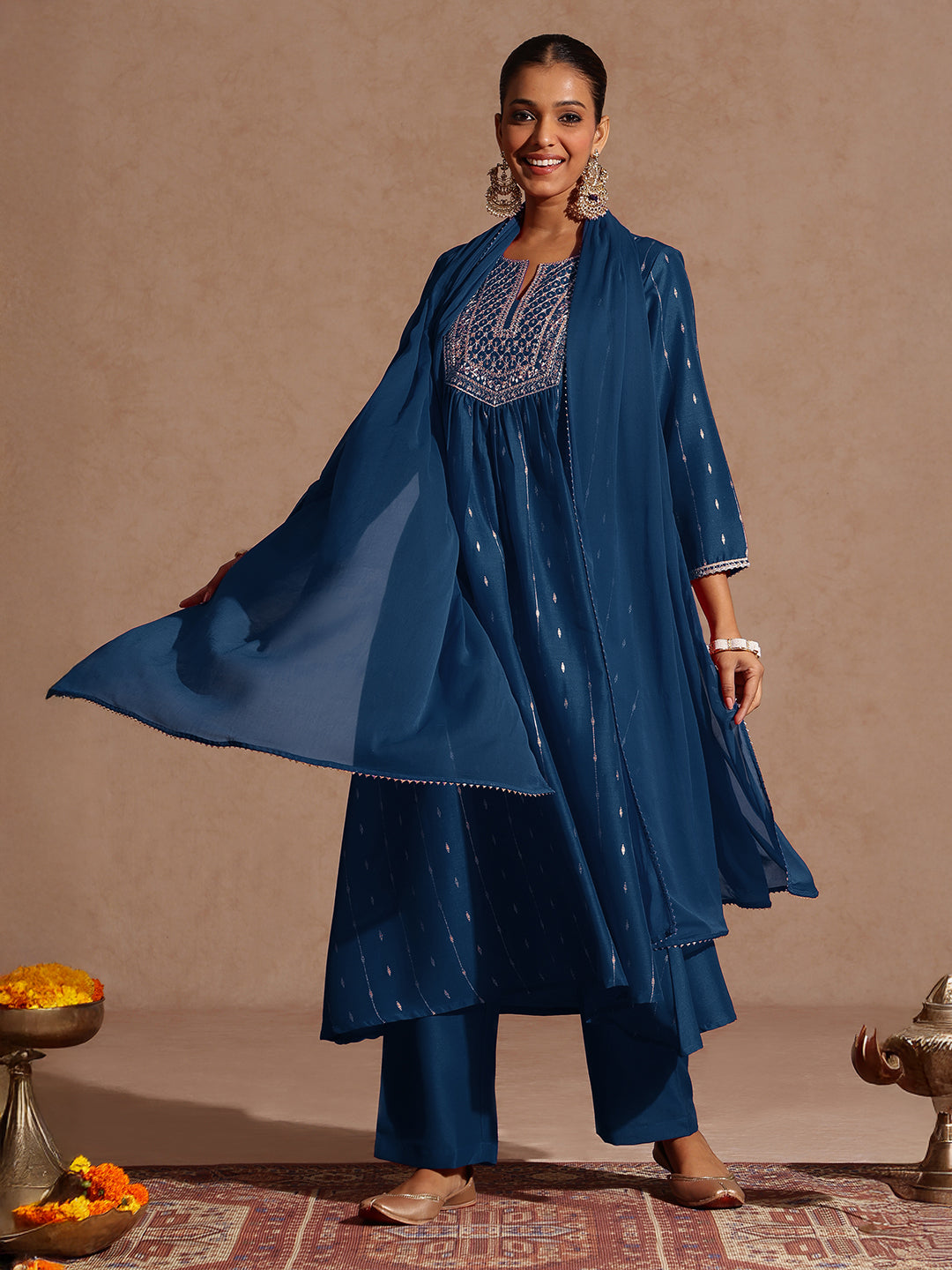 Janasya Women's Teal Blue Silk Blend Zari Yoke Embroidered A-line Kurta Set With Dupatta