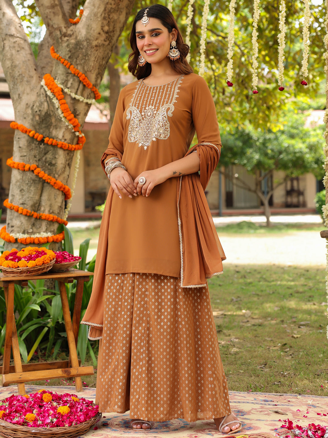 Janasya Women's Brown Georgette Embroidered Straight Kurta With Sharara & Dupatta Set