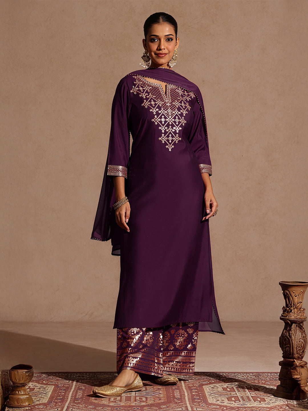 Janasya Women's Wine Chanderi Silk Embellished Straight Kurta With Palazzo & Dupatta Set