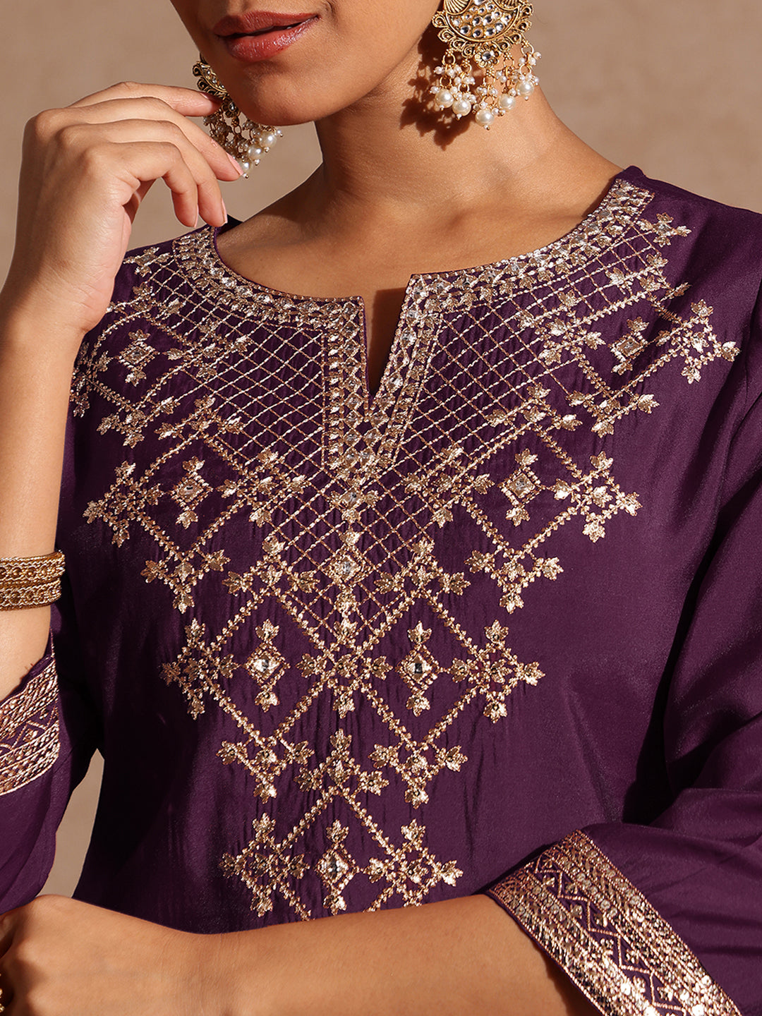 Janasya Women's Wine Chanderi Silk Embellished Straight Kurta With Palazzo & Dupatta Set