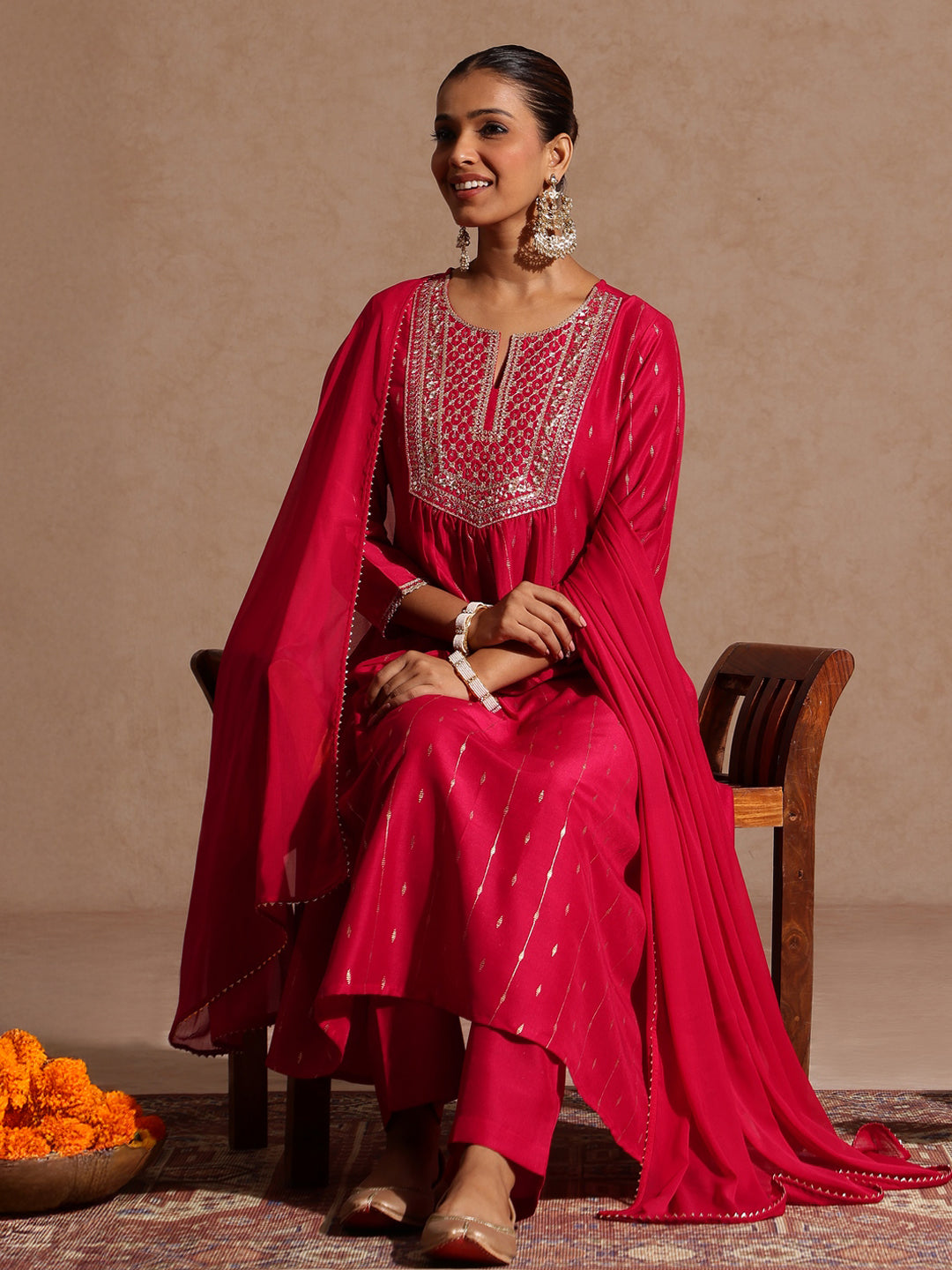 Janasya Women's Pink Silk Blend Zari Yoke Embroidered A-line Kurta Set With Dupatta