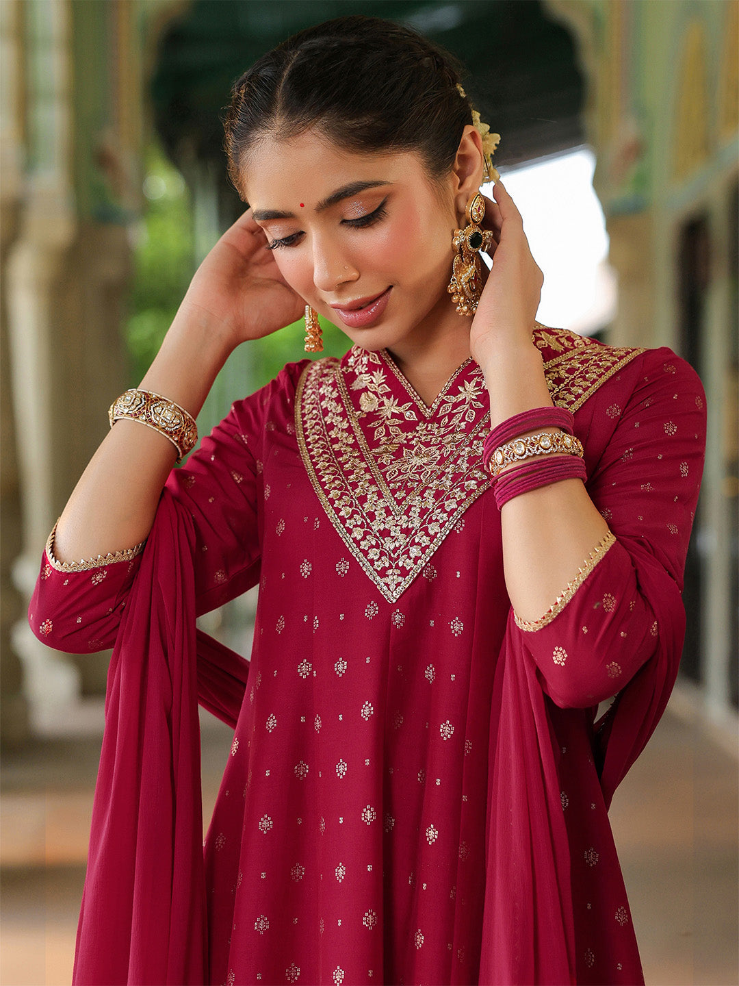 Janasya Women's Pink Silk Blend Zari Yoke Embroidered Gold Printed Anarkali Kurta Set