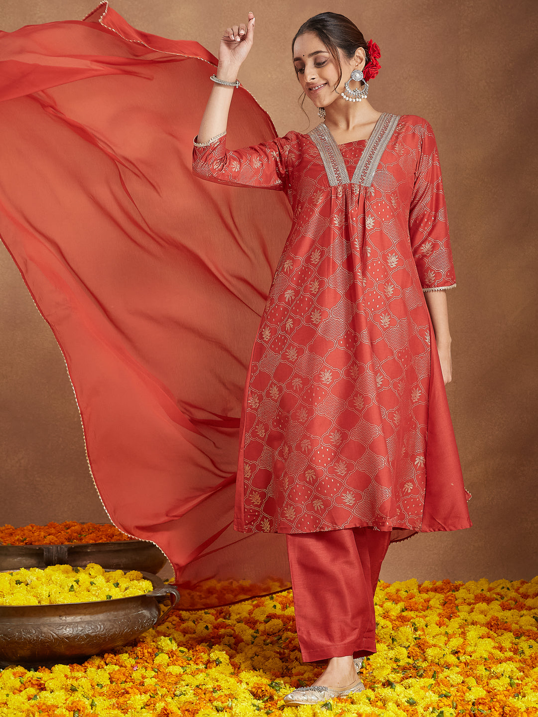 Janasya Women's Rust Silk Blend Embellished Gold Printed A-line Kurta Set