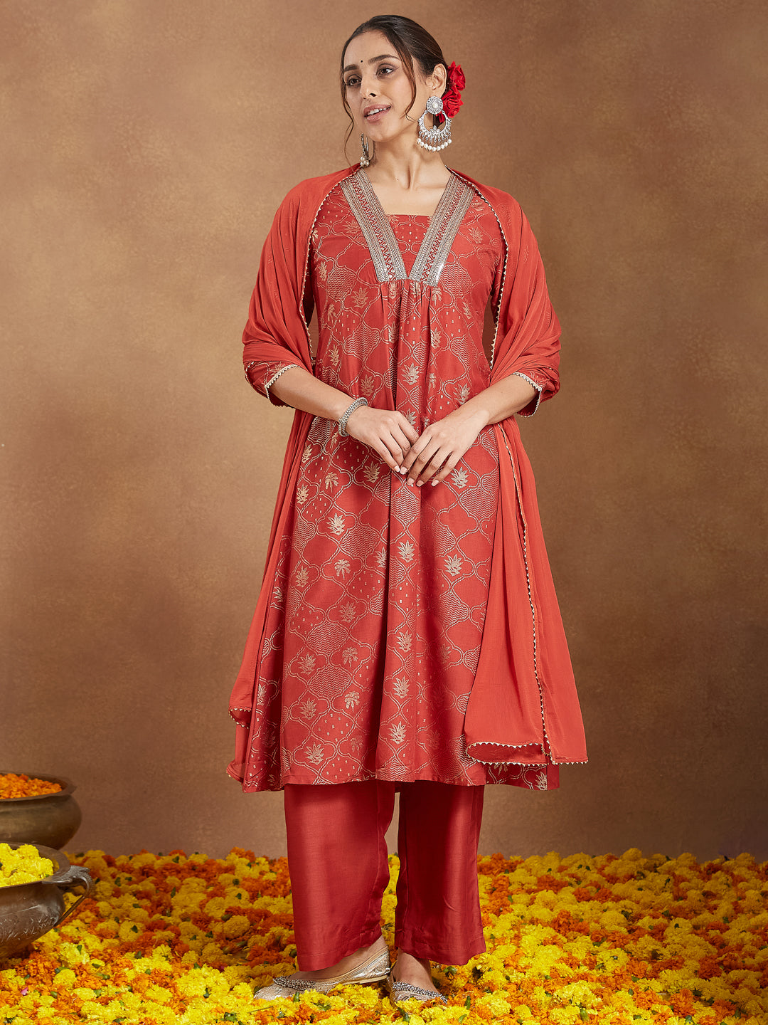 Janasya Women's Rust Silk Blend Embellished Gold Printed A-line Kurta Set