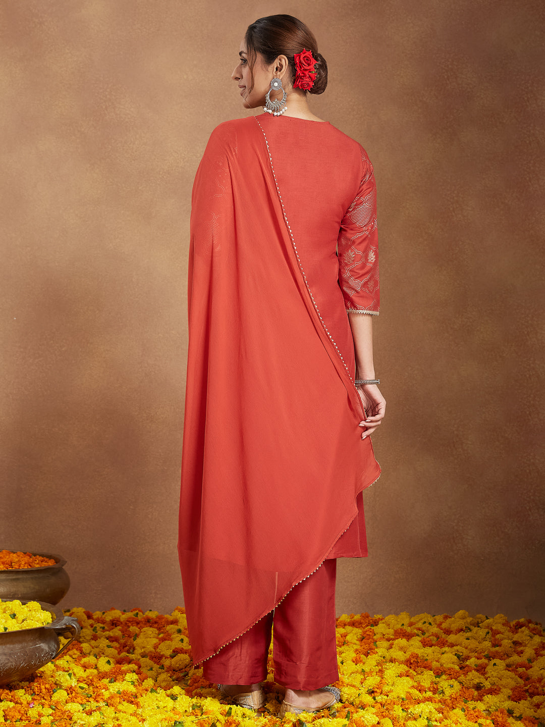 Janasya Women's Rust Silk Blend Embellished Gold Printed A-line Kurta Set