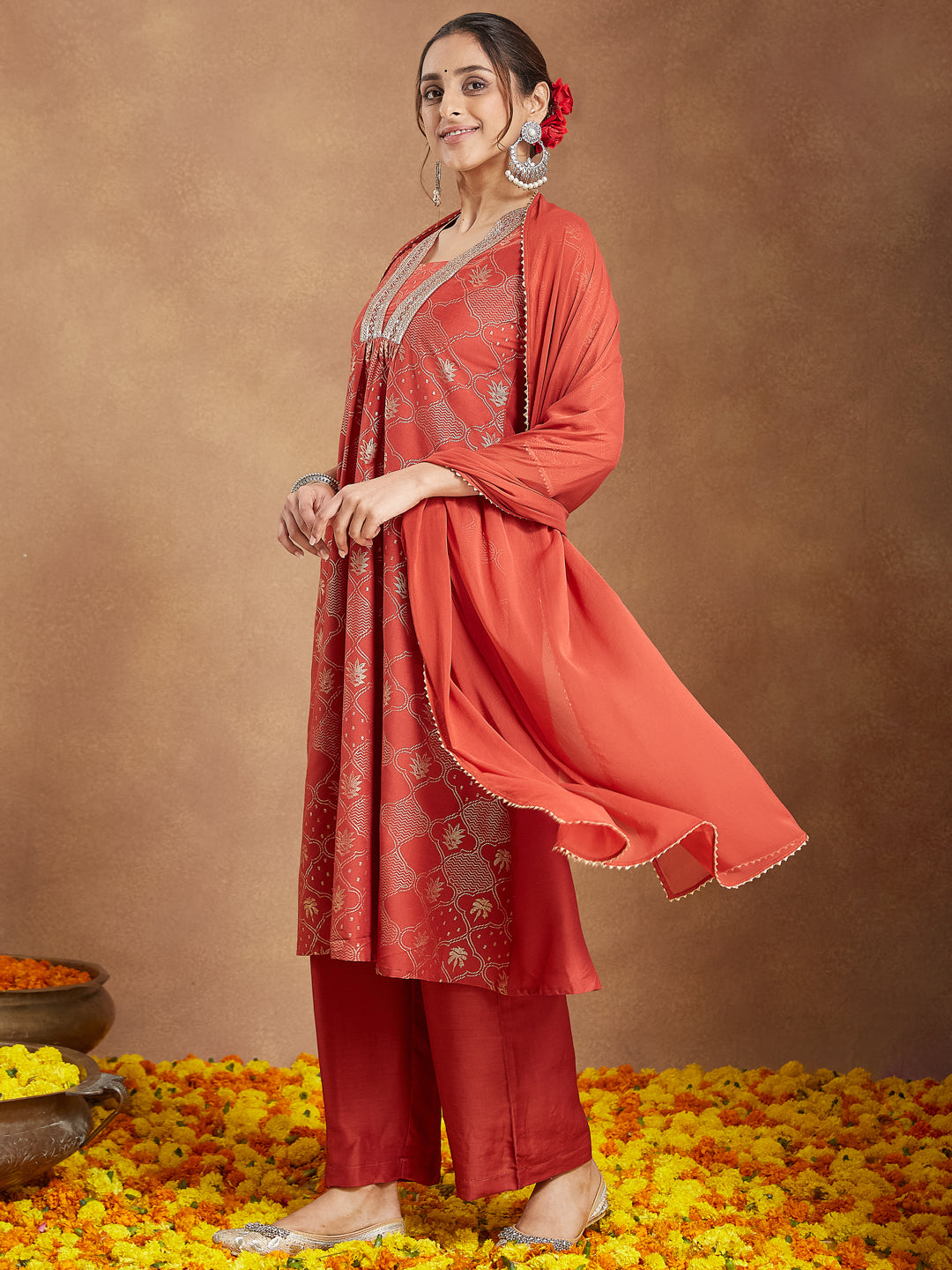 Janasya Women's Rust Silk Blend Embellished Gold Printed A-line Kurta Set