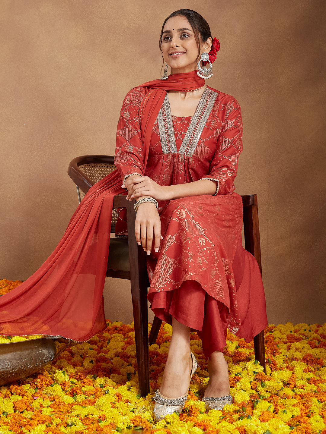 Janasya Women's Rust Silk Blend Embellished Gold Printed A-line Kurta Set