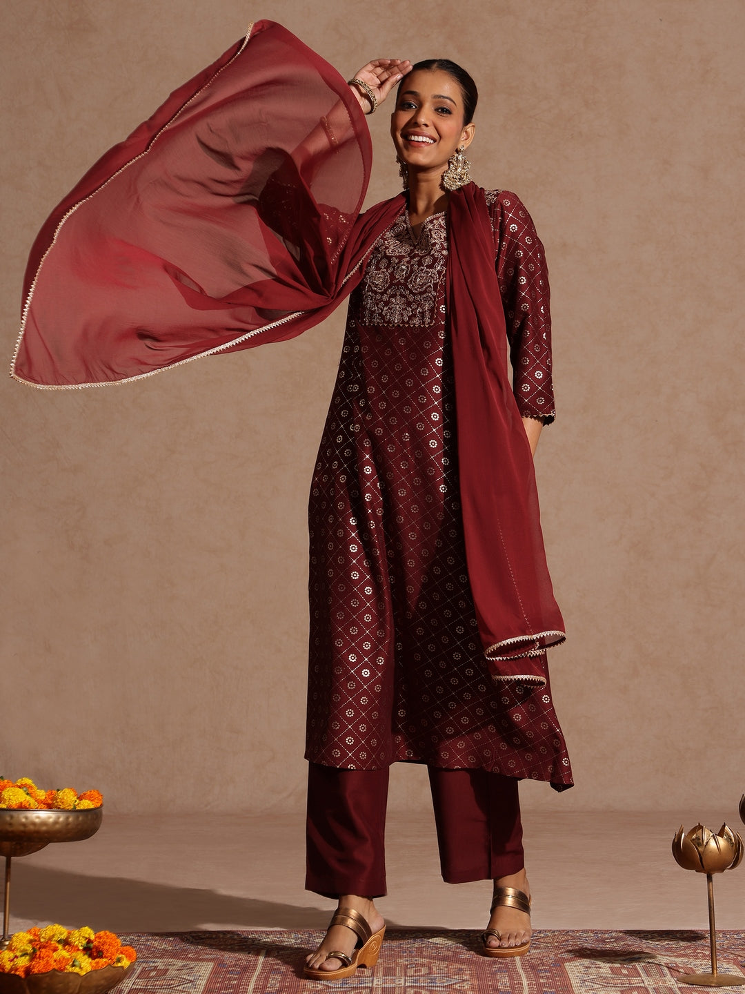 Janasya Women's Maroon Silk Blend Foil Printed Yoke Embroidered A-line Kurta Set