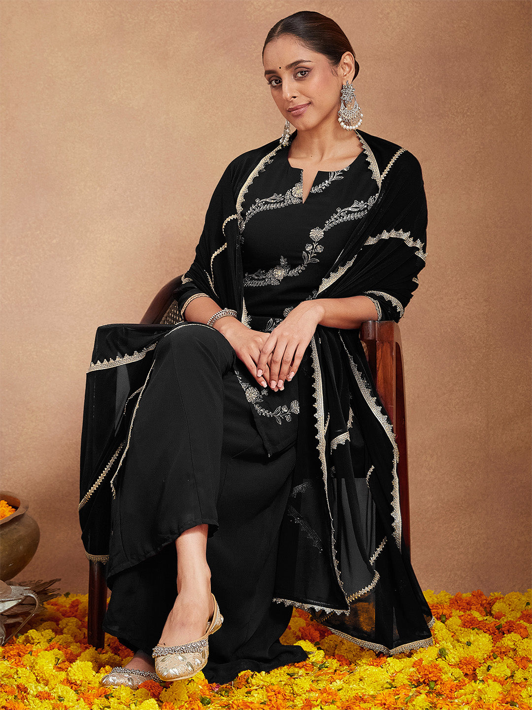 Janasya Women's Black Georgette Zari Embroidered Straight Kurta With Palazzo & Dupatta Set