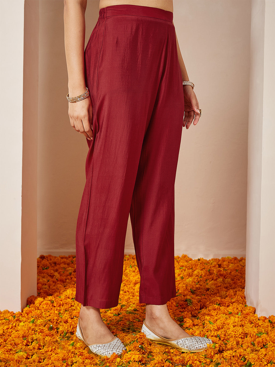 Janasya Women's Maroon Chanderi Silk Embellished Gold Printed Anarkali Kurta Set