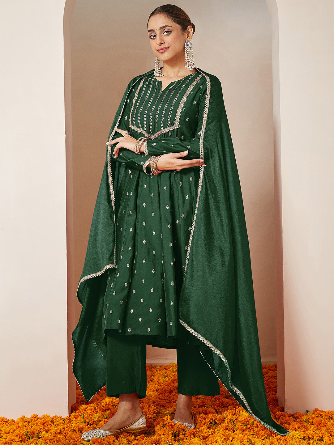 Janasya Women's Dark Green Chanderi Silk Embellished Gold Printed Anarkali Kurta Set