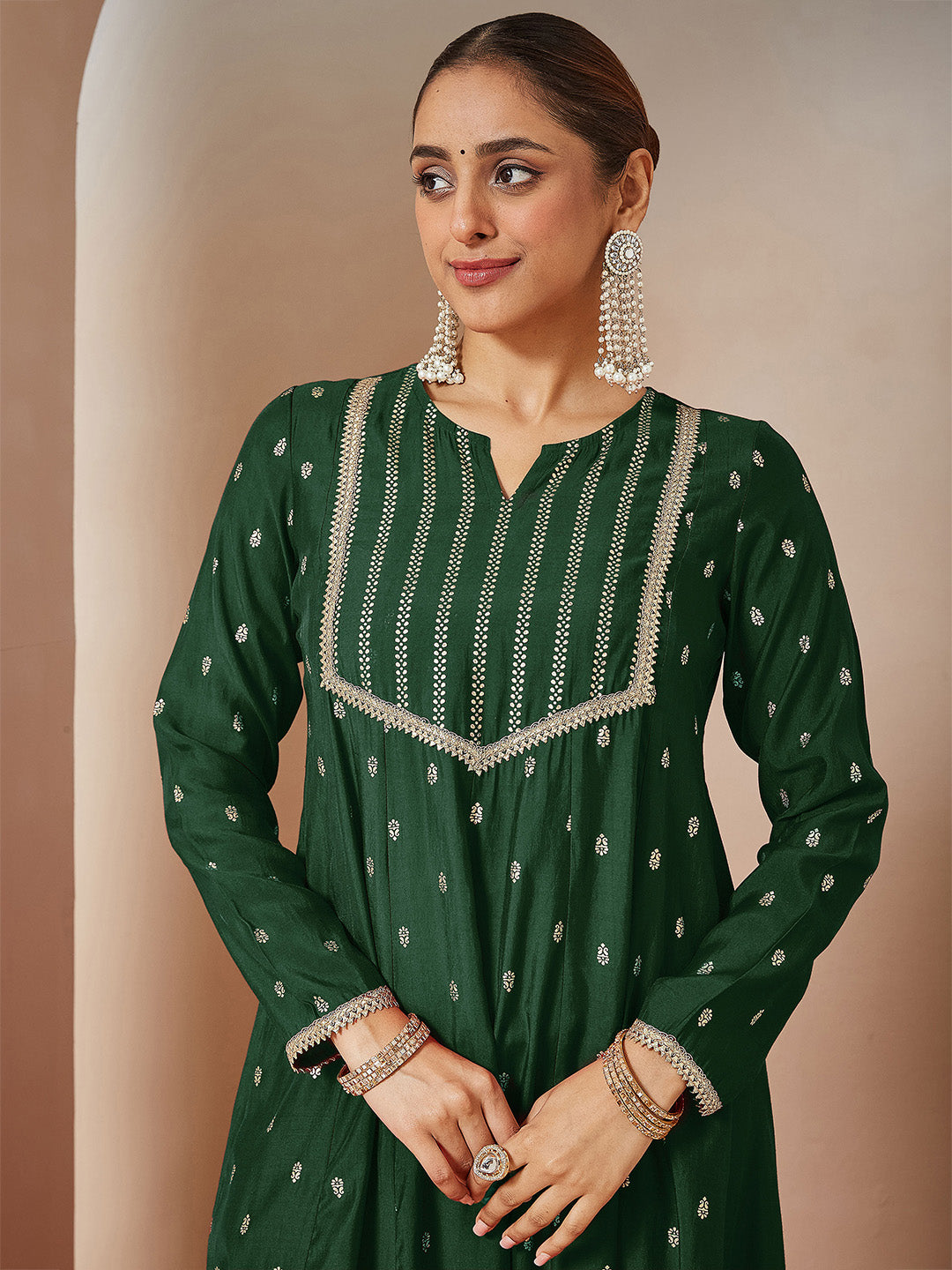 Janasya Women's Dark Green Chanderi Silk Embellished Gold Printed Anarkali Kurta Set