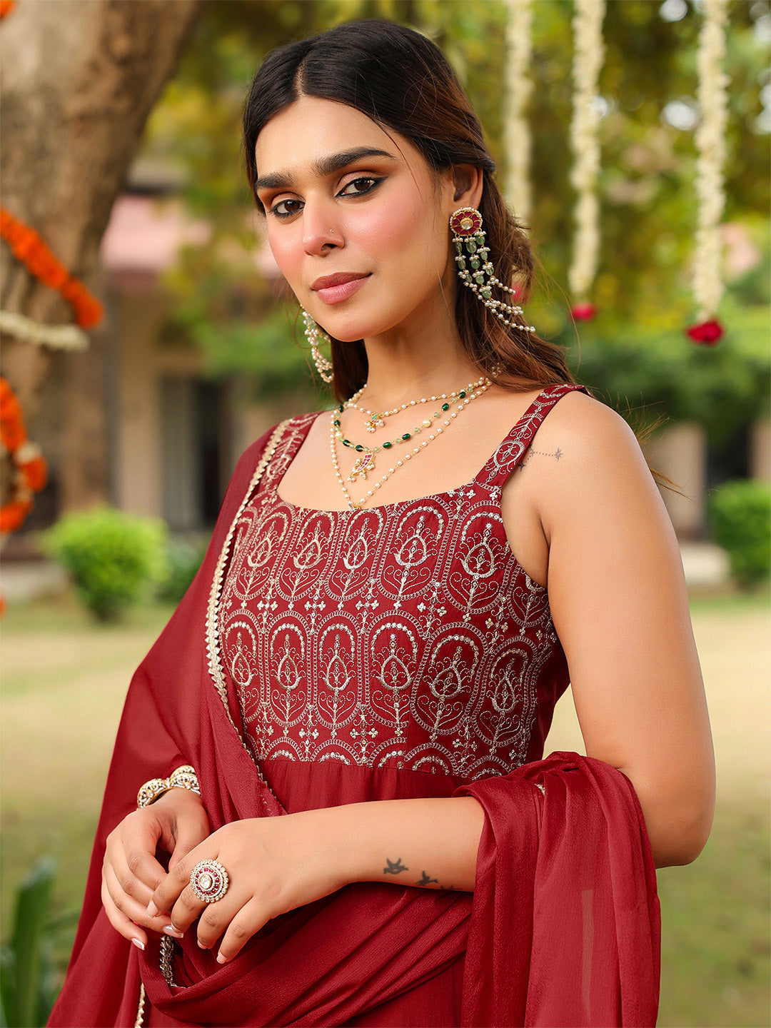 Janasya Women's Maroon Chanderi Silk Zari Embroiderd A-line Kurta Set