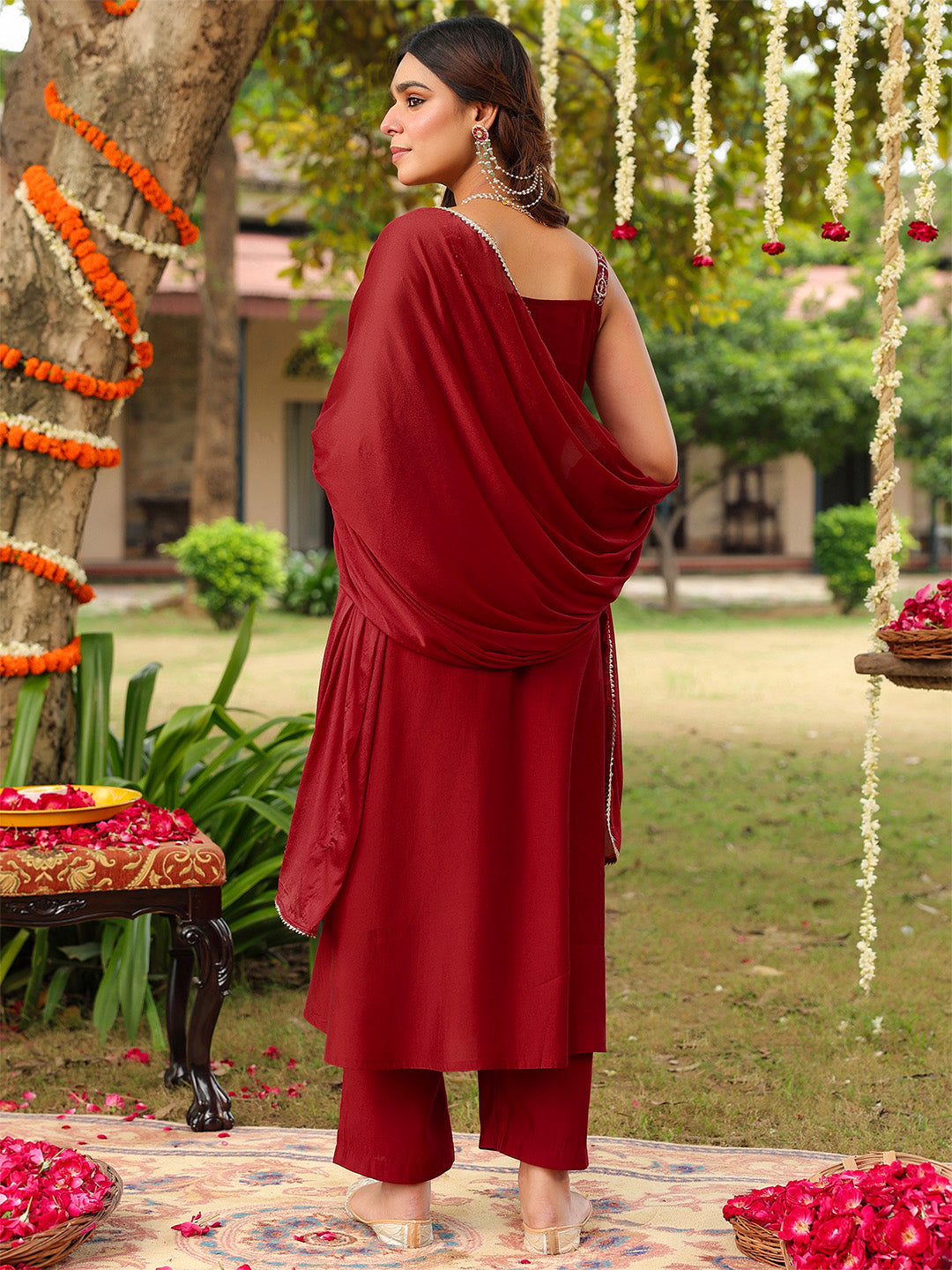 Janasya Women's Maroon Chanderi Silk Zari Embroiderd A-line Kurta Set